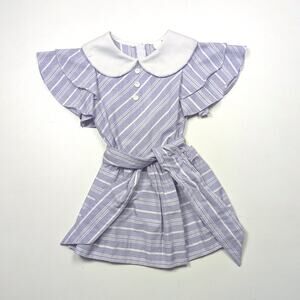 Vintage Lavender & White Striped Ruffle-Sleeve Dress